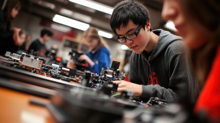 A robotics workshop where students are working in teams to build and program robots, with tools and parts scattered around, capturing the hands-on learning experience and the excitement of