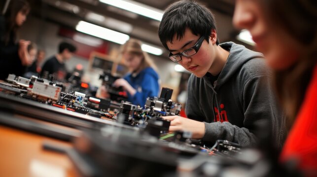 A robotics workshop where students are working in teams to build and program robots, with tools and parts scattered around, capturing the hands-on learning experience and the excitement of