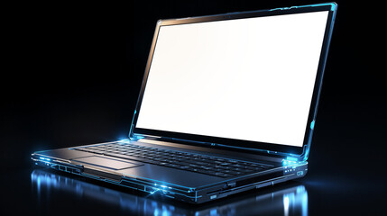 Digital futuristic laptop with transparent laptop screen on a black background, featuring futurism technology