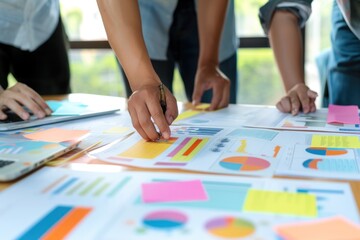 Fototapeta premium A team collaborates on business reports with charts and graphs, discussing strategies and analysis in a bright, modern office setting.