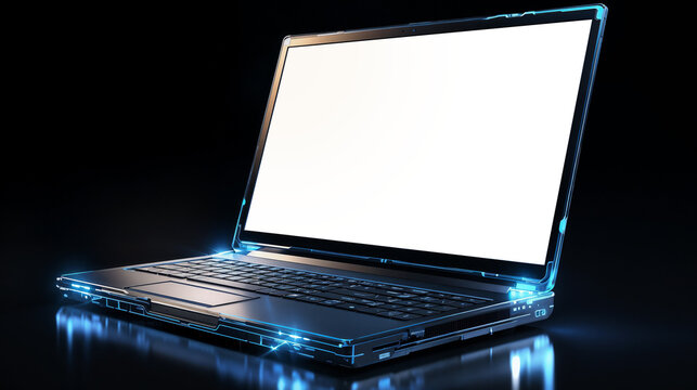 Digital futuristic laptop with transparent laptop screen on a black background, featuring futurism technology