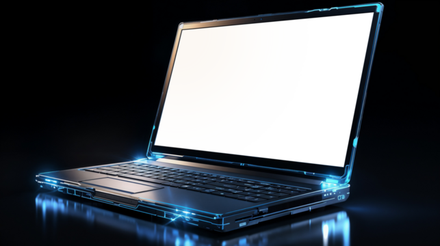 Digital futuristic laptop with transparent laptop screen on a black background, featuring futurism technology