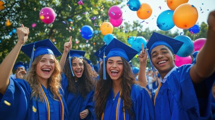 A group of high school graduates in their caps and gowns, celebrating with an outdoor party, surrounded by balloons and decorations, capturing the joy and achievement of completing a significant