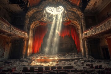 Light beams cascade into a dilapidated theater, highlighting the collapsed roof and crumbling interior decor that evoke a haunting sense of history