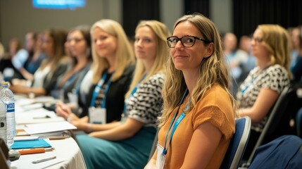 A dedicated group of educators attending a conference, engaging in workshops, and networking with peers, sharing best practices, and gaining new insights to enhance their teaching and improve student