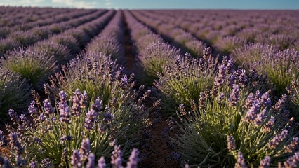 Naklejka premium A beautiful lavender field with purple flowers swaying in the wind, set against a blue sky.