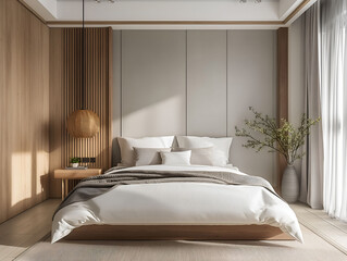 Aesthetic elegant minimalist bedroom interior design. Clear mock up empty wall for decoration in the apartment. Copy space in the room. Neutral palette of natural colors.