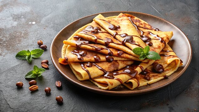 Delicious homemade crepes topped with chocolate sauce and nuts , homemade, crepes, pancakes, chocolate, nuts, dessert