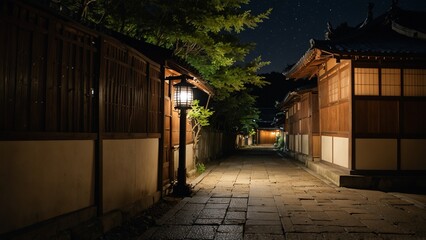 Nighttime in Kyoto with lantern-lit streets and traditional wooden houses.