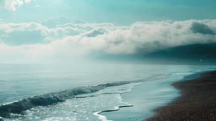 Dramatic, hazy, minimalistic color, seascape, shore, bright, clouds.