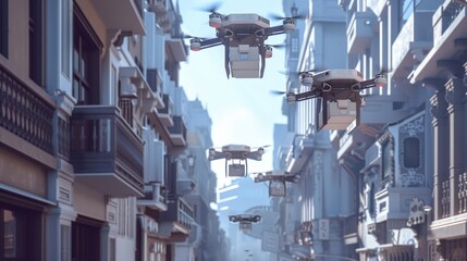 An innovative drone delivery system in action, with drones carrying packages through the air to various destinations in a modern urban environment.