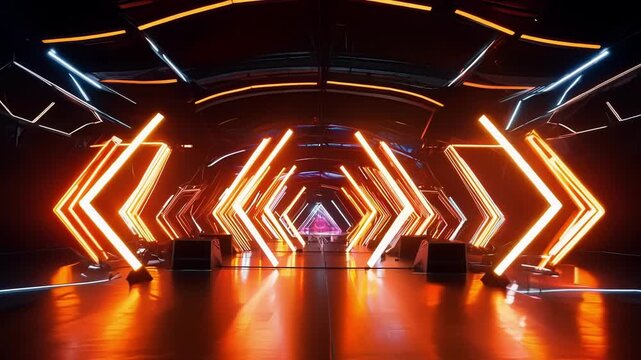 The stage is transformed into a futuristic wonderland with a dynamic LED wall of orange neon arrow designs.