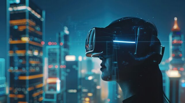 A woman wearing a virtual reality headset is looking out over a city