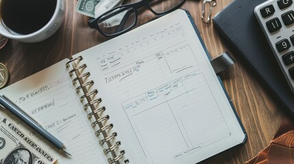 An overhead view of a budgeting notebook with neatly written financial goals and plans, representing careful financial planning and personal accountability