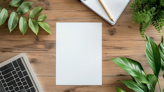 an empty blank white vertical resume paper document mockup template placed on a wooden office table 