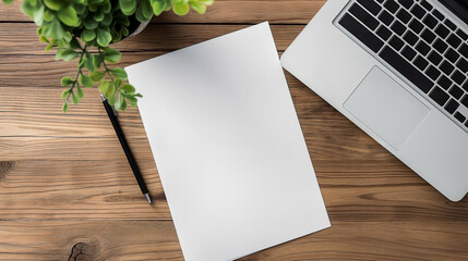 an empty blank white vertical resume paper document mockup template placed on a wooden office table 
