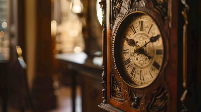 Antique grandfather clock ticking in the corner