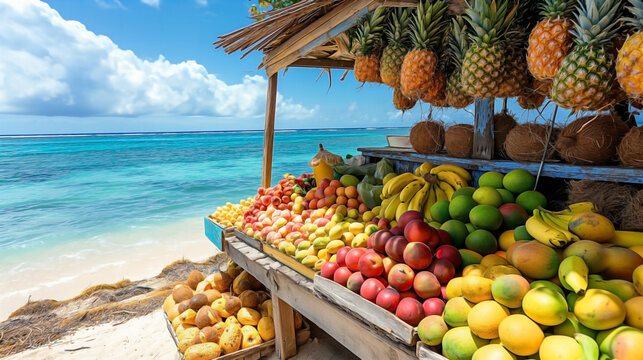 a tropical fruit market stand set up on a sandy beach by the ocean or sea.