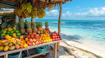 a tropical fruit market stand set up on a sandy beach by the ocean or sea.