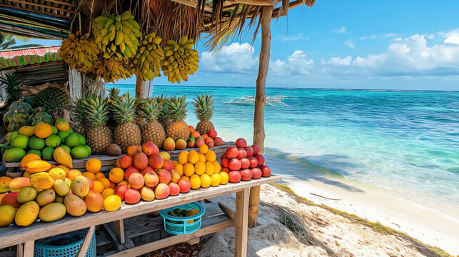 a tropical fruit market stand set up on a sandy beach by the ocean or sea.