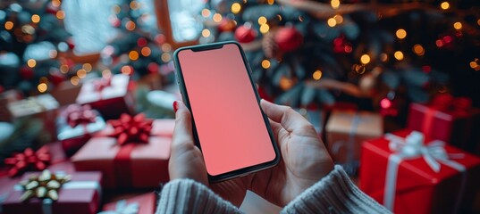 Man shopping online with smartphone mockup for christmas gift, red screen, festive background