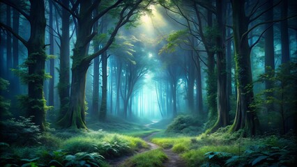 Obraz premium A dense, dark, and mysterious forest with tall pine trees, known as a nadelwald, nadelwald, forest, trees, pine, dark