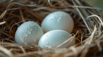 Obraz premium white chicken eggs nestled in a cozy, straw-filled nest. 