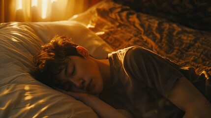 A man sleeping on bed, evening light