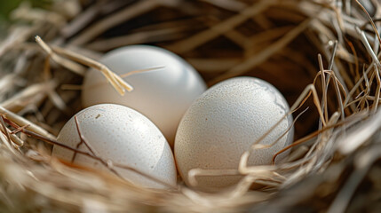 white chicken eggs nestled in a cozy, straw-filled nest. 