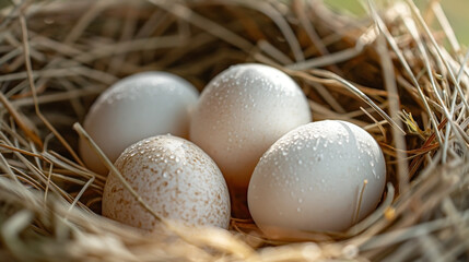 white chicken eggs nestled in a cozy, straw-filled nest. 