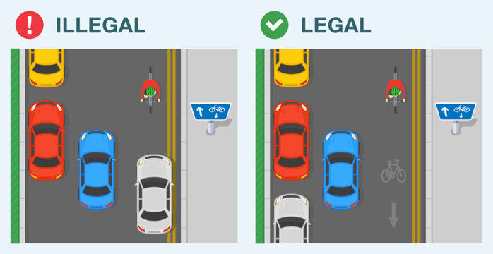Safe driving tips and traffic regulation rules. Legal and illegal driving. Top view of a parked cars on a one-way street with contraflow bicycle route. Flat vector illustration template.