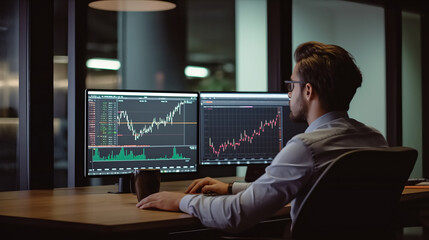 A financial UX designer is sitting at his desk, with the computer screen showing real-time stock market data and charts in front of him.
