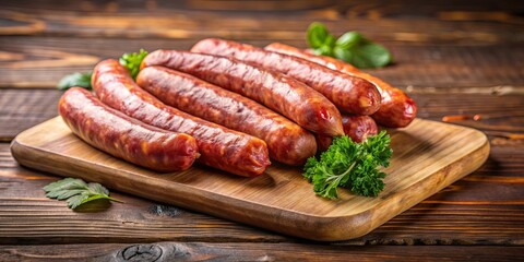 A close-up shot of cabanossi sausages on a wooden cutting board , cabanossi, sausage, meat, food, snack, savory, cured
