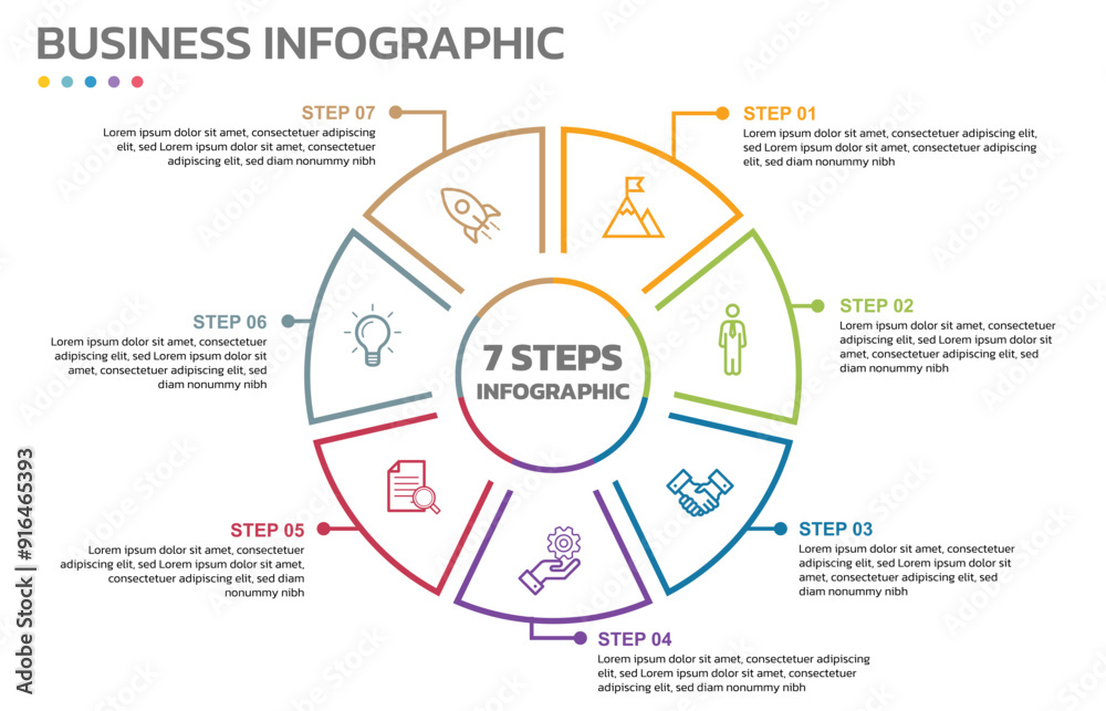 Aufkleber Visual data presentation. Cycle diagram with 7 options. Pie Chart Circle thin line infographic template with 7 steps, options, parts, segments. Business concept. Marketing infographic outline style.