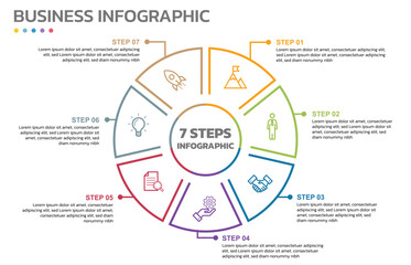 Visual data presentation. Cycle diagram with 7 options. Pie Chart Circle thin line infographic template with 7 steps, options, parts, segments. Business concept. Marketing infographic outline style.