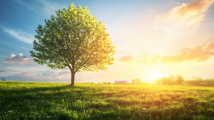 Obraz premium Sole Tree in Foreground of Serene Landscape with Distant Hospice, Symbolizing Calm and End-of-Life Solace
