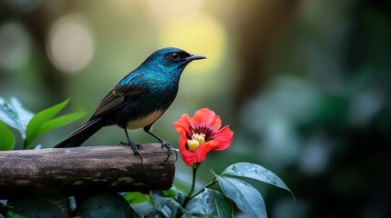 Obraz premium A vibrant blue bird perched on a branch beside a red flower.