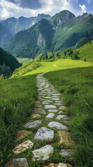 Fototapeta premium a stone road winding through a lush green grass meadow, leading towards distant mountains and valleys.