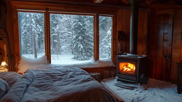 Warm bedroom in wooden cabin with roaring fireplace. Large window frames snow-covered forest outside. Unmade bed with plush comforter invites relaxation.	
