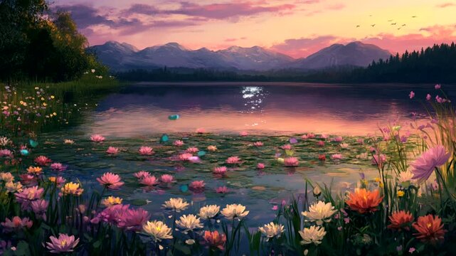 a tranquil lake nestled in the mountains with flowers and butterflies, as the setting sun reflects bright colors  Seamless looping 4k time-lapse animation video background
  