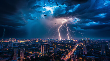 Lightning storm over city in purple light, Lightning storm over city in blue light, Lightning during summer storm, A vivid lightning bolt arcing across a stormy sky, illuminating the clouds.