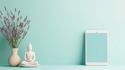 Tranquil Morning Wellness Routine: Digital Tablet with Meditation App and Lavender Plant for Digital Mindfulness and Calm, Generative Ai