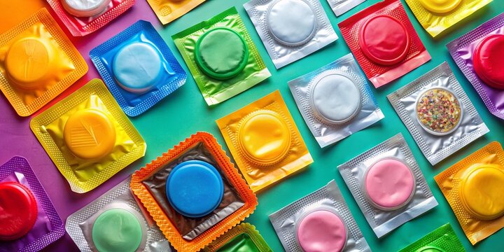 Condoms and contraceptive options displayed on a vibrant colored background, contraceptives, birth control