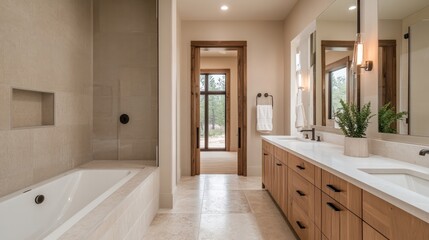 Fototapeta premium Luxurious bathroom with a walk-in shower, soaking tub, and double sinks. The modern fixtures and ample space create a serene and functional environment.