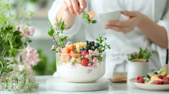 Morning Wellness Bliss: Bright Kitchen with Fresh Flowers, Fruit, and Smoothie Preparation for a Healthy Start, Generative Ai