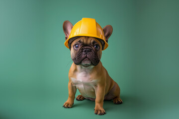 ペット防災。黄色いヘルメットを被るフレンチブルドック犬の全身。コピースペースまたはテキストスペースのある背景用画像