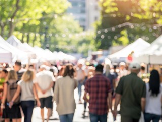 A group of people walking down a street with tents in the background. AI.