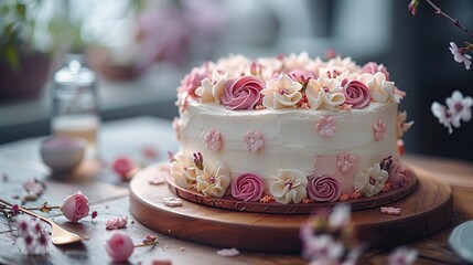 Fototapeta premium Floral Cake on Wooden Table