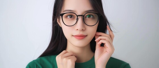 A woman with glasses touching her ear while posing for a picture. AI.