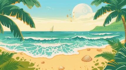 Fototapeta na wymiar Create a vector graphic of a serene beach scene. What details, such as waves, palm trees, and shells, do you include to evoke a sense of relaxation and escape